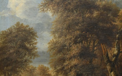 Dutch School 18th Century Wooded landscape with a rider and traveller on a road Oil...
