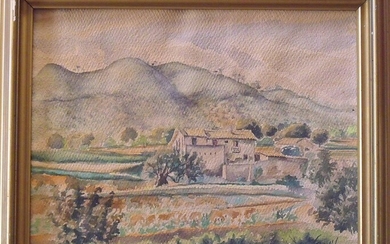 E. Coll Bonet. Watercolor on paper. "Landscape with farmhouse". Catalan school. Principles s. xx. Hand signed.