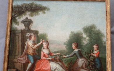 ECOLE FRANCAISE du XVIIIème Jeux dans le jardin, HST, dim 61x63 cm (restauration et réentoilage)