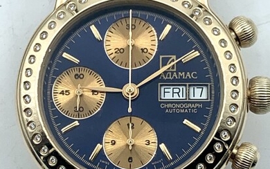 שעון זהב שוייצרי לגבר, כרונוגרף ETA 7751 זהב 14 קראט. משקל כולל 119.36 גרם . משובץ עם 48 יהלומים חדש באריזה