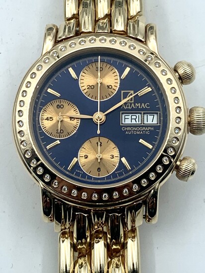 שעון זהב שוייצרי לגבר, כרונוגרף ETA 7751 זהב 14 קראט. משקל כולל 119.36 גרם . משובץ עם 48 יהלומים חדש באריזה
