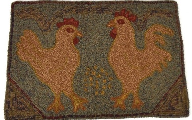 Early Hooked Rug with Chickens