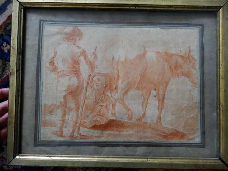 Ecole française XVIII-XIXe. Jeunes paysans et cheval. Sanguine. Vue : 20 x 28 cm. Plis,...
