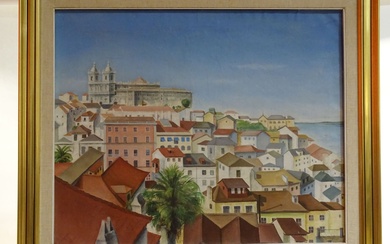 Ecole moderne : Vue du monastère Saint Vincent et des toits de Lisbonne. Huile sur...