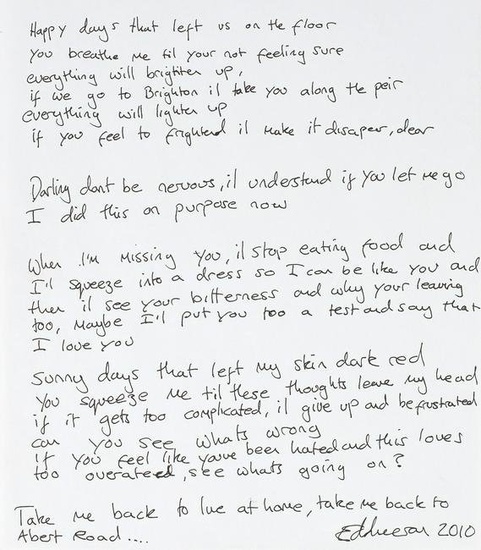Ed Sheeran Handwritten Lyrics By Ed Sheeran For 'Be Like You', 2010