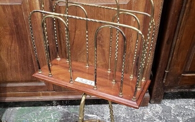 Edwardian Mahogany & Brass Magazine Rack, with twist-wire dividers & tripod stand
