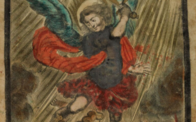 Een 18de-eeuws gegraveerd, ingekleurd en met goud gehoogd 'sanctje' met voorstelling van de heilige Michiel. In kader.