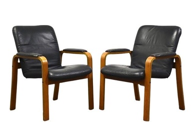Ekornes Blue Leather and Teak Lounge Chairs - a Pair