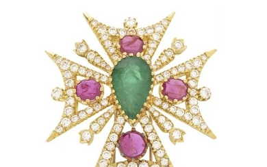 Emerald, Ruby, Diamond and 18K Cross Brooch