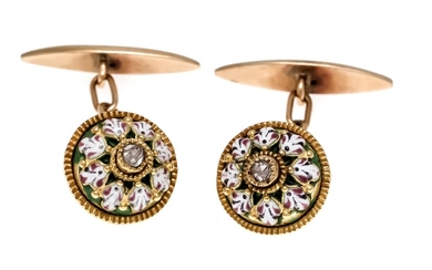 Enamel-diamond cufflinks GG / RG 750/000 unmarked, expertized, with 2 diamond roses 3 mm and colored enamel, diameter 13.5 mm, 7.8 g