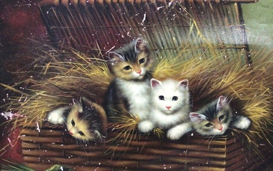 English School, oil on panel, Kittens in a basket, in gilt frame. 20 x 25cm
