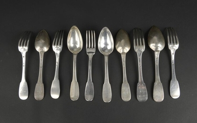 Set of six silver spoons and five silver forks model...