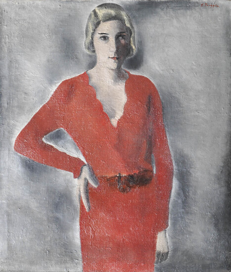 Erich Torggler Donna in rosso;Olio su tela, 100,5 x 87 cm, la tela va tesa,...