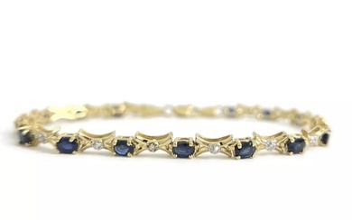 Estate Oval Blue Sapphire Gemstone Tennis Bracelet 10K Yellow Gold, 5.52 Grams