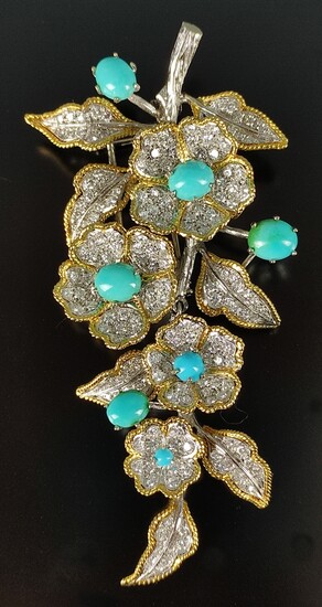 Exclusive flower brooch, handmade, Bulgari style, made as a branch with four flowers and leaves, se