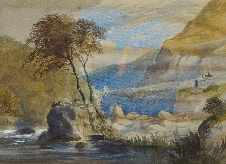 F Walters, British, late-18th/early-19th century- Travelers crossing a stone bridge in a mountain landscape with woodland; watercolour, signed, 13.2 x 18.5 cm