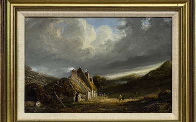 FIGURES IN A HIGHLAND LANDSCAPE, AN OIL