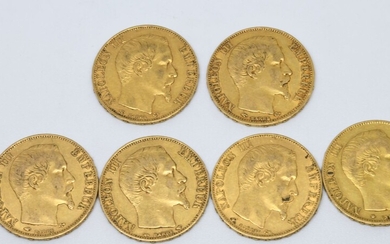 FRANCE. Six pièces de 20 Francs or. 1855(x2),...