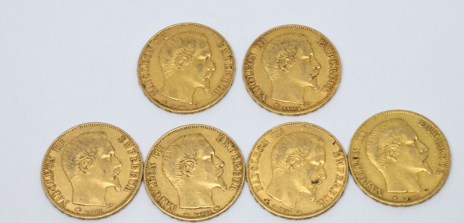 FRANCE. Six pièces de 20 Francs or. 1855(x2),...