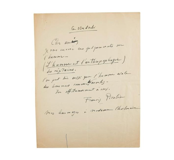 FRANCIS PICABIA (1879-1953) LETTRE AUTOGRAPHE SIGNÉE à Georges CHARBONNIER. 1 page in-8.