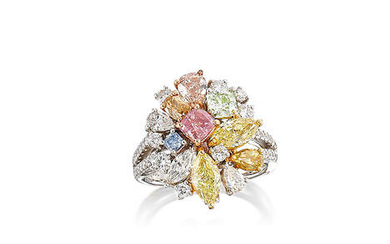 Fancy Coloured Diamond, Coloured Diamond and Diamond 'Cluster' Ring/ Pendant with GIA