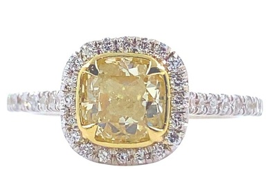 Fancy Yellow Cushion Diamond 1.37 Tcw Halo Design Engagement Ring 18kt WG and YG