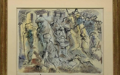 Fine George Grosz watercolor, “Refugees”