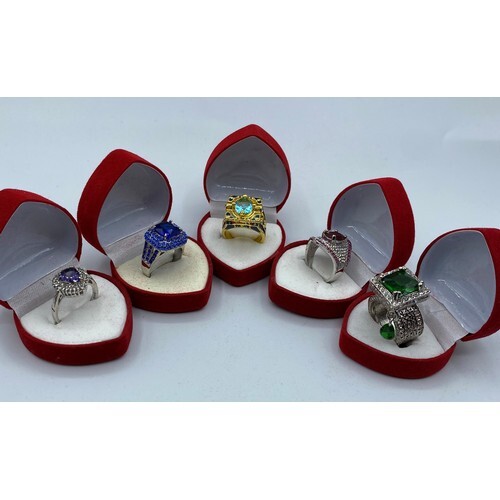 Five Boxed Dress Rings Marked "925" with Gems in Various Siz...
