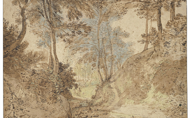Flemish School, 17th Century, Wooded Landscape with two figures by a stream (recto), View of a village (verso)