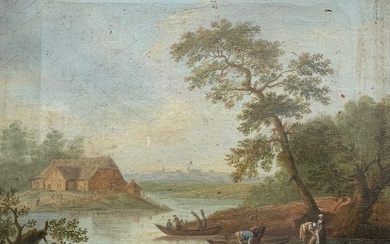 Flemish School (XVIII-XIX) - River landscape with fishermen and washerwomen with rural houses