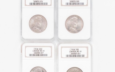 Four 1918 Lincoln Commemorative Half Dollars, NGC MS65. Estimate $400-600
