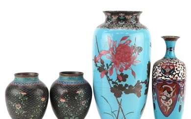 Four Japanese cloisonne vases including a pair enamelled wit...