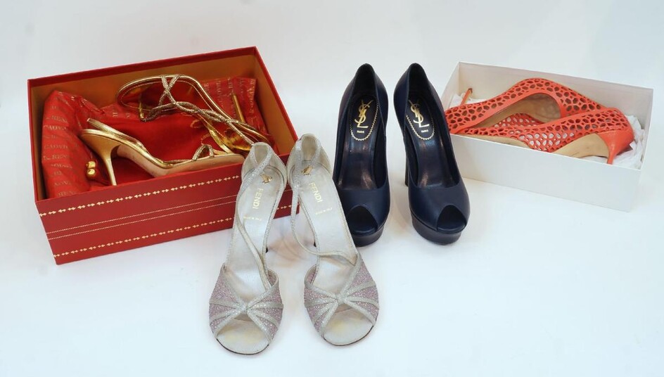 Four sets of heels, comprising a pair of Manolo Blahnik laser cut pink leather pointed toe heels, size '37.5', with fabric logo to the insole and stamped to the underside, in original box, a pair of Rene Caovilla Trecdia gilded leather & crystal...