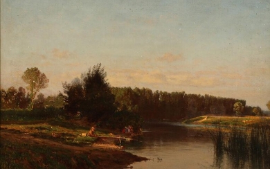 SOLD. Francois Louis Francais: A summer evening by the river with a fisherman and his wife. Signed. Oil on panel. 25.5 x 35.5 cm. – Bruun Rasmussen Auctioneers of Fine Art