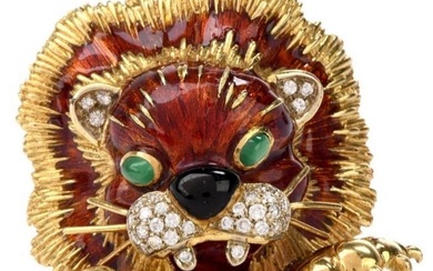 Frascarolo Vintage Enameled Diamond Lion Head Brooch Pin