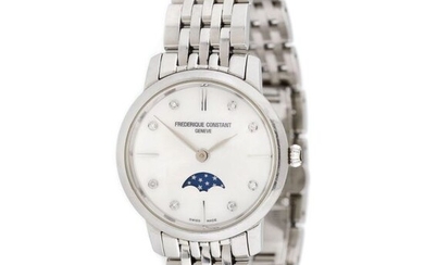 Frederique Constant Moonphase bracelet watch, decorated with mother of pearl and diamonds, women, authenticity card, spare links, provenance documents and original box, stainless steel, d=31 mm / Women's Frederique Constant Moonphase wristwatch...