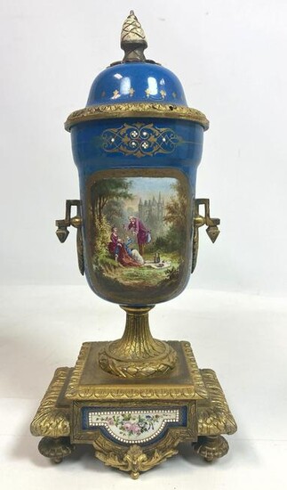 French Style Bronze and Painted Porcelain Urn. Decorat