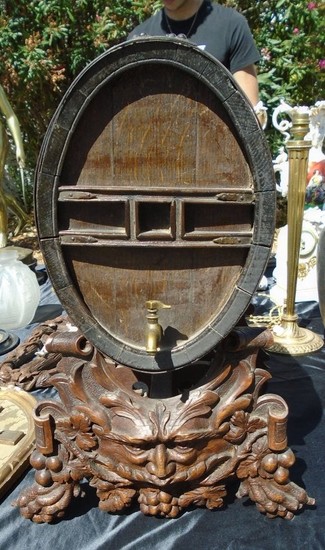 French oak wine keg on carved stand