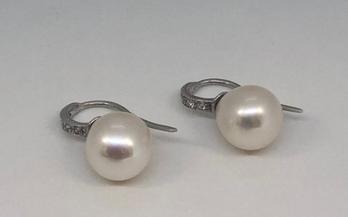 FreshWater Pearls - 18 kt. White gold - Earrings - Diamonds