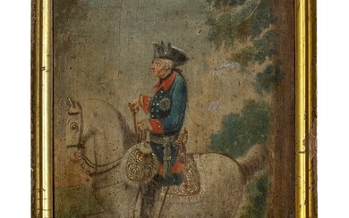 Friedrich II. zu Pferde. 1784. Öl auf Holz. Verso betitelt und datiert. 22 x 15,5 cm. In