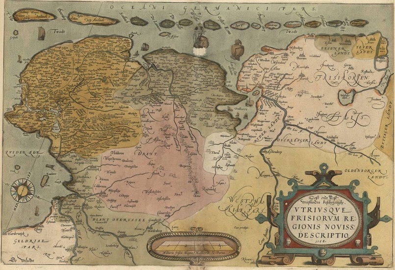 [Frise]. "Oost ende West vrieslandts beschryvinghe. Utriusque Frisiorum regionis noviss. descriptio. 1568." Carte manuscrite contemporaine...