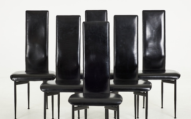 GIANCARLO VEGNI & GIANFRANCO GUALTIEROTTI. Chairs, 6 pcs, “S44", black leather upholstery, metal base.
