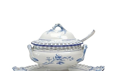 Galle Faience France Reticulated Porcelain Lidded Sauce Tureen with Assoc Spoon