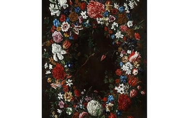 Giovanni Stanchi, 1608 – 1673, zug., GROSSE BLUMENGIRLANDE VOR DUNKLEM HINTERGRUND