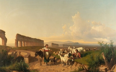 Goatherds in a Campagna landscape with aqueducts