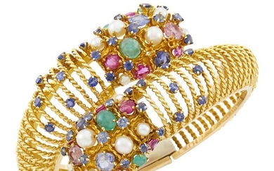 Gold, Gem-Set and Cultured Pearl Bypass Bangle Bracelet