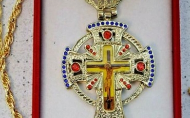 Gold Plated Orthodox Bishop's Pectoral Cross with Chain