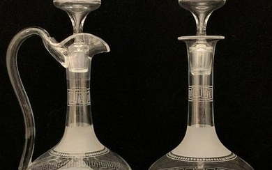 Greek Key Etched Glass Decanter and Ewer