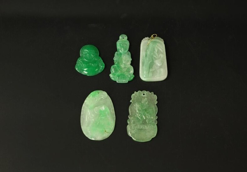 Group of 5 Chinese Figural Jadeite Pendants Laughing