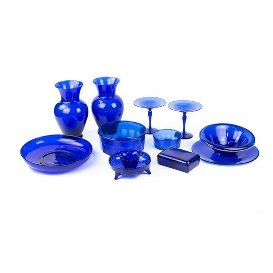 Grouping of Cobalt Blue Glass Vases and Dishware